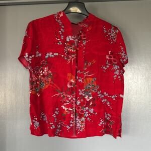 Vintage Clio Red Floral Women's Button Down Top Short Sleeves sz Medium